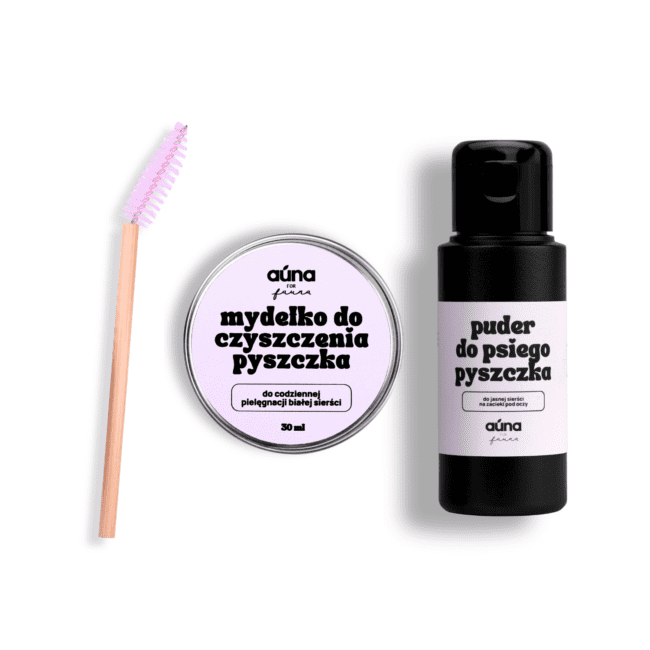Zestaw na zacieki pod oczami dla psów (mydło + szczotka + puder) AUNA