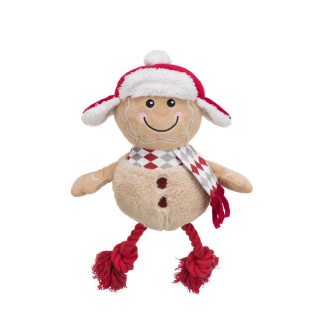 Świąteczna zabawka dla psa Ludzik z piernika ze sznurkami i piszczałką