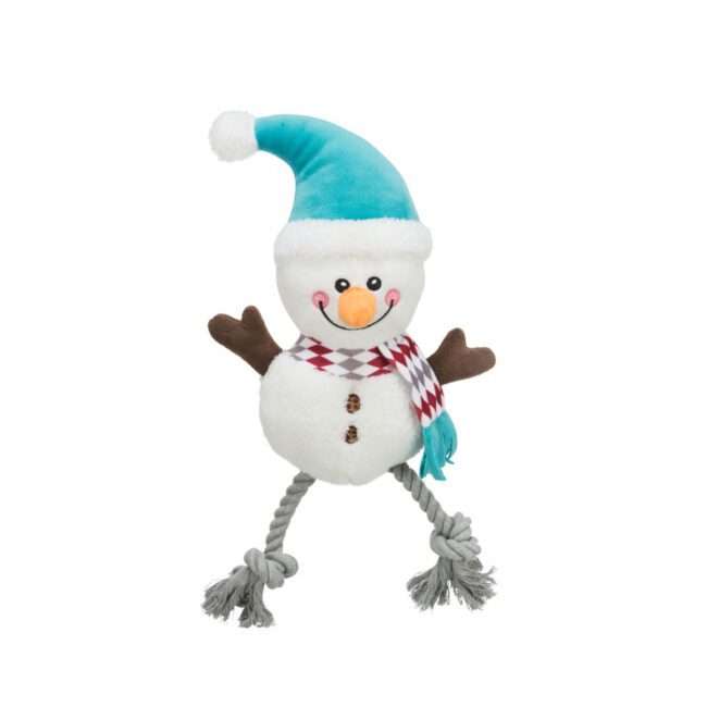 Świąteczna zabawka dla psa Bałwan ze sznurkami i piszczałką