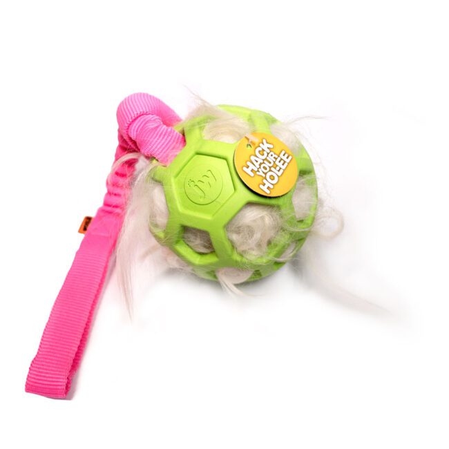 Szarpak z piłką ażurową JW i futrem owcy zielona DUŻA - WOOLIE WHILLIE