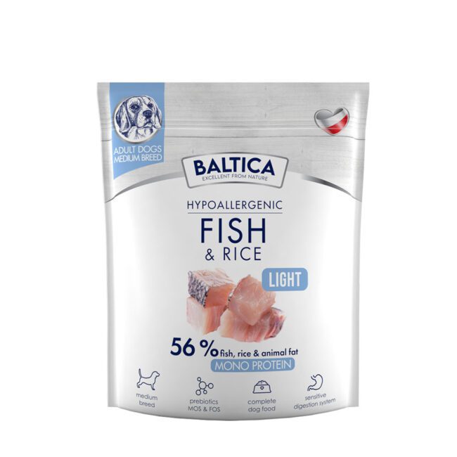 Karma sucha Light z rybą i ryżem dla psów ras średnich 1kg Baltica