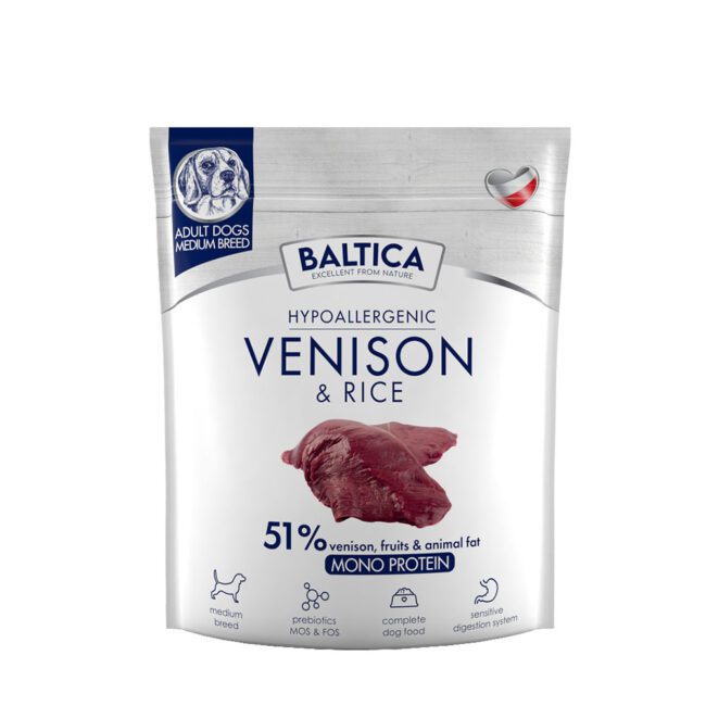 Karma sucha dziczyzną i ryżem dla psów ras średnich 1kg Baltica